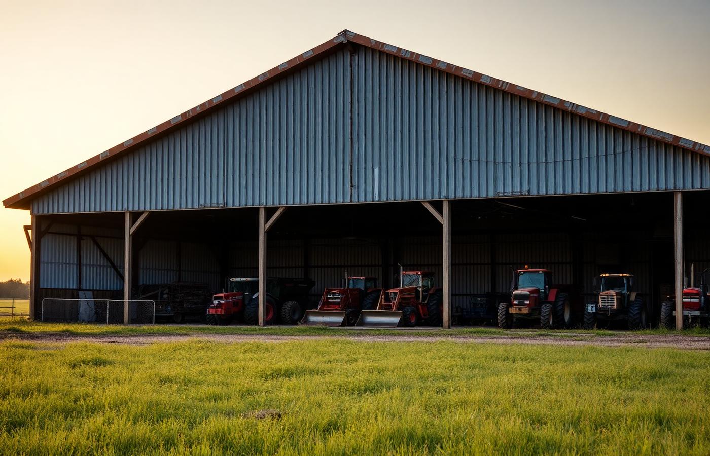 Open-bay agricultural metal building with tractors