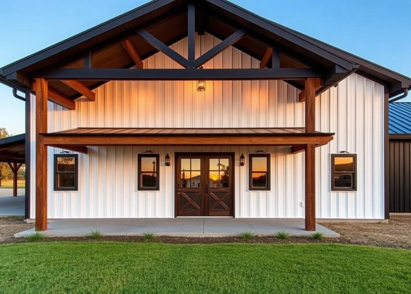 Custom barndominium metal home with covered porch in the Texas countryside