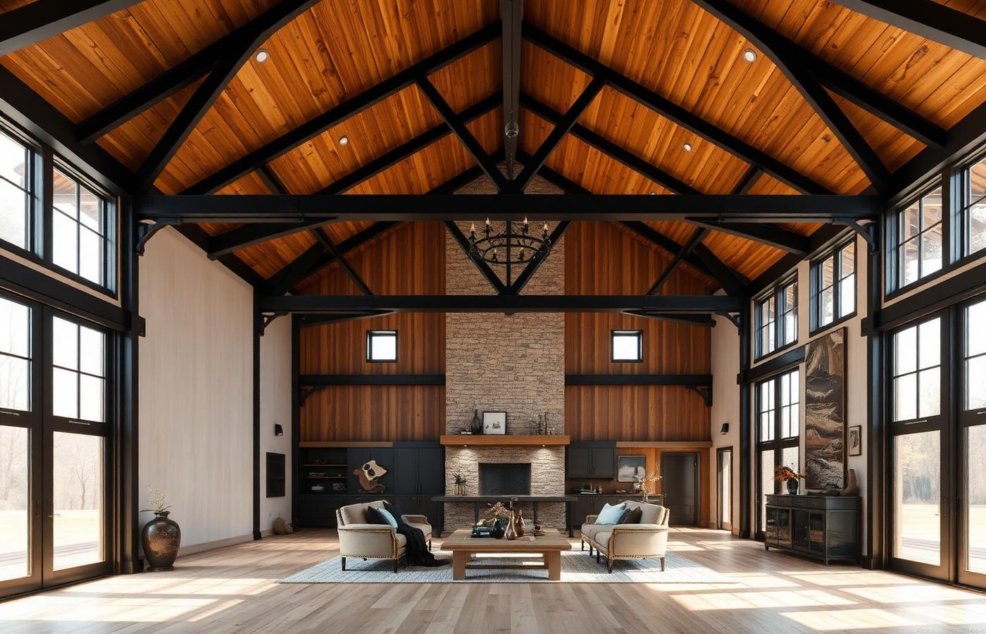 Open barndominium interior with vaulted wood ceiling and exposed steel beams