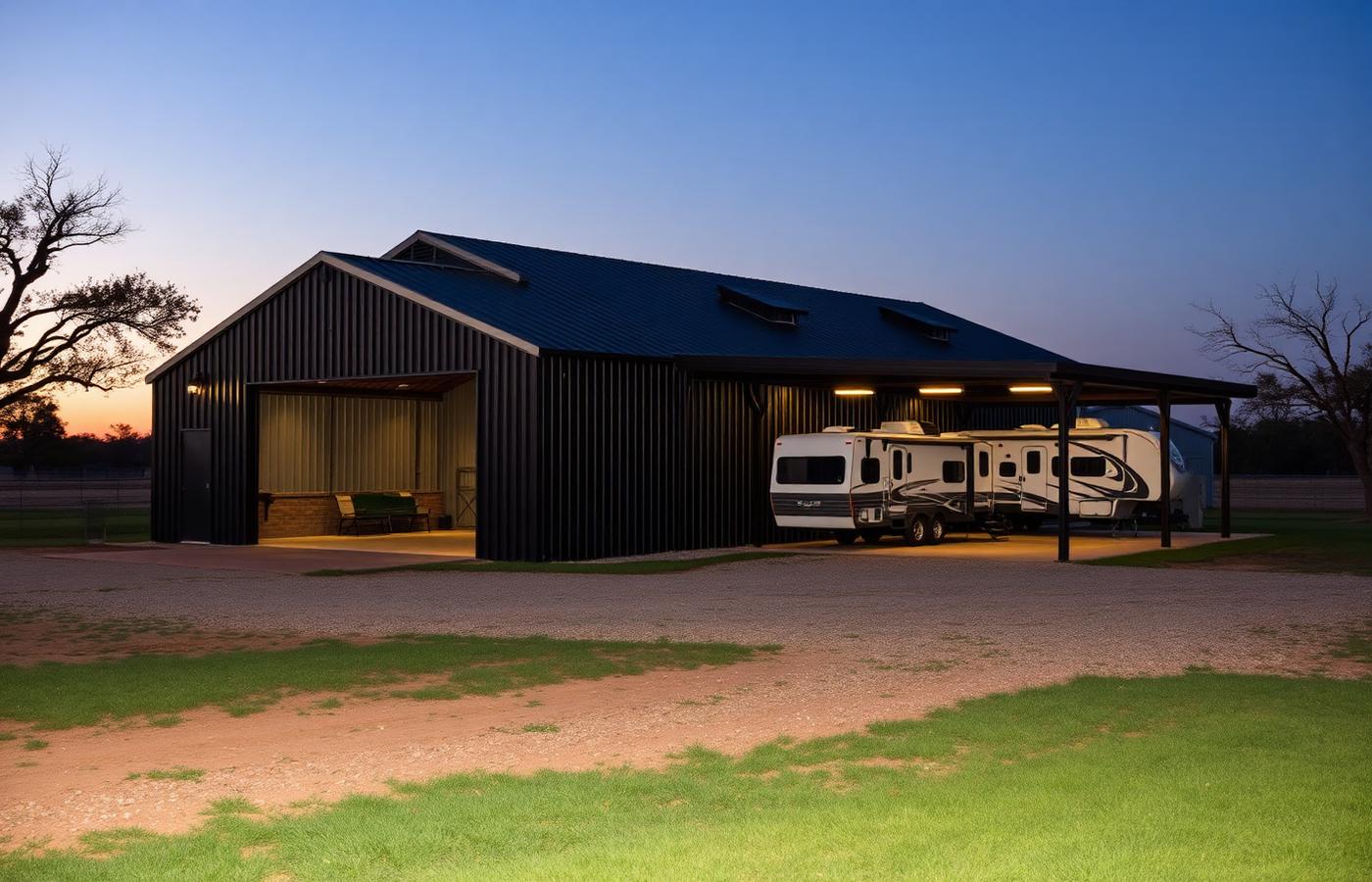Dark metal shop with attached covered RV parking