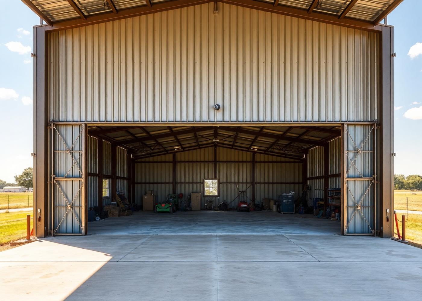 Large steel workshop building with open roll-up doors on a rural Texas property